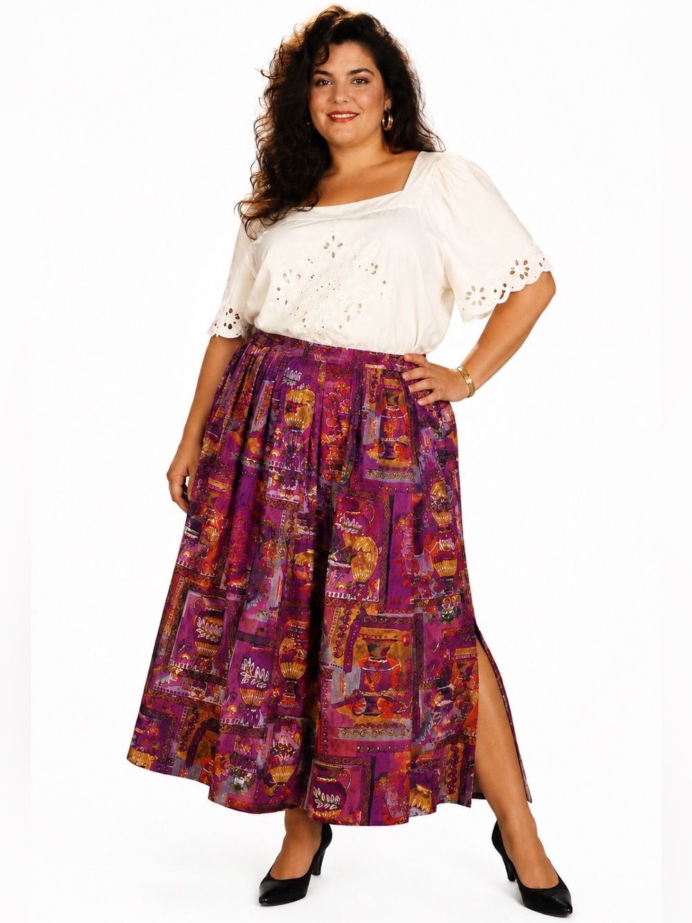 Vintage 100% Silk Skirt 24W Purple Vase Print Pleated Midi Plus Size Artsy Boho